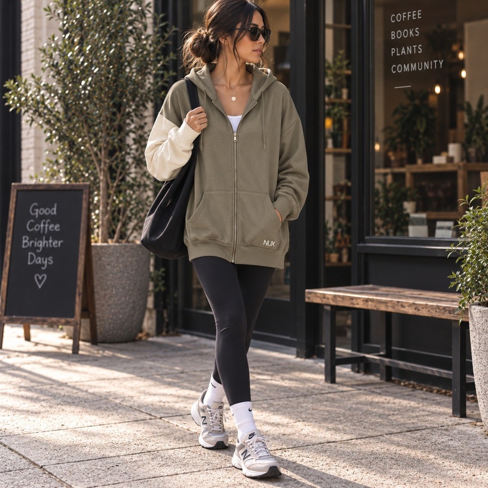 NUX Active Los Angeles Combo Hoodie Olive Cream Zip Up Sweatshirt Large NEW
